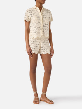 Monet crochet-effect cotton knit polo with sequins