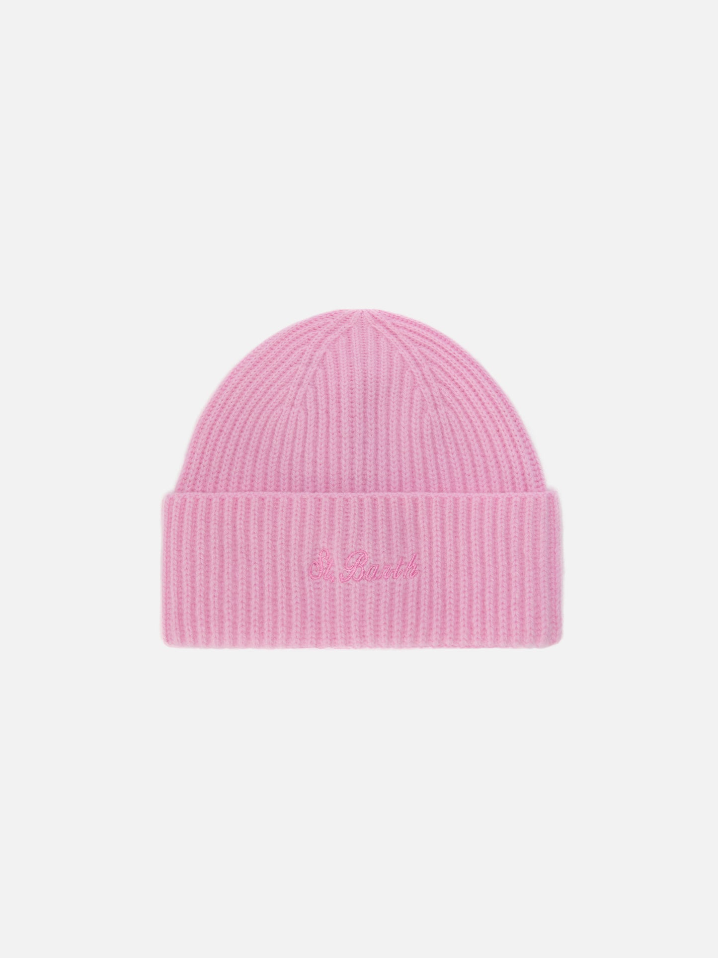 Moosgrüne Mütze aus 100 % Wolle mit St. Barth-Stickerei in Rosa.