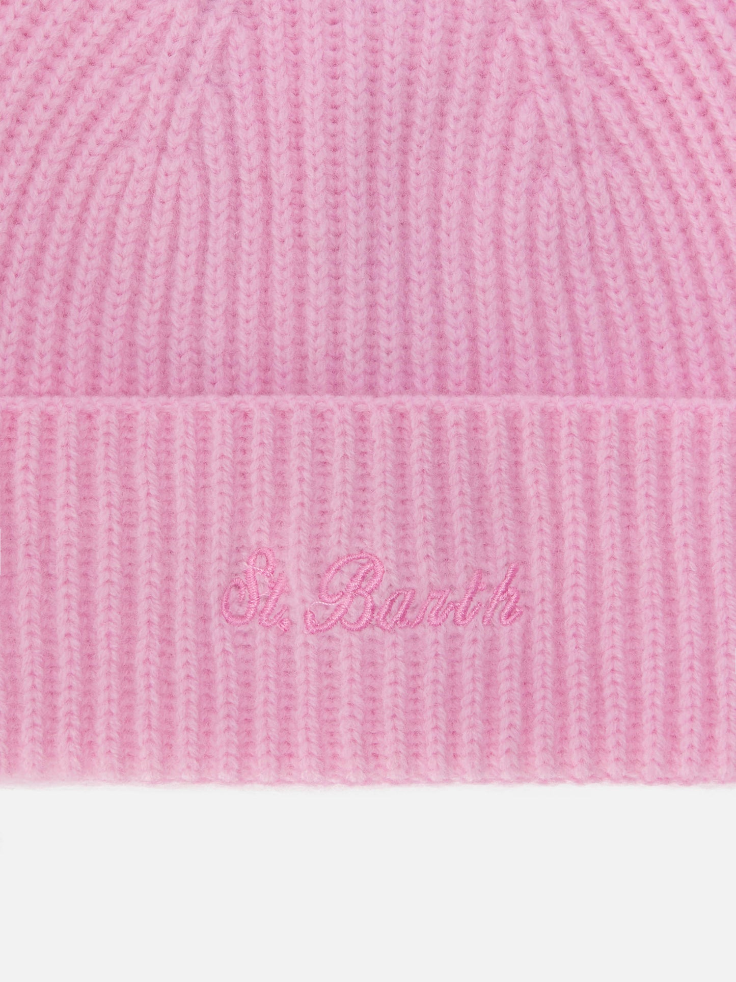Moosgrüne Mütze aus 100 % Wolle mit St. Barth-Stickerei in Rosa.