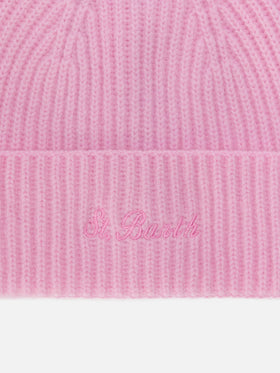 Moosgrüne Mütze aus 100 % Wolle mit St. Barth-Stickerei in Rosa.