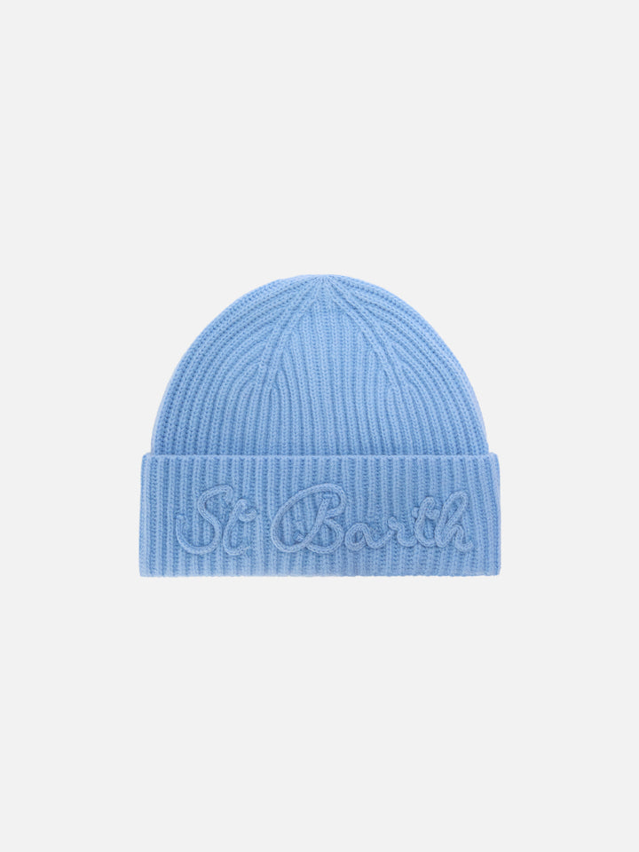 Bonnet en mélange de laine d'alpaga Light blue Moss avec broderie logo 