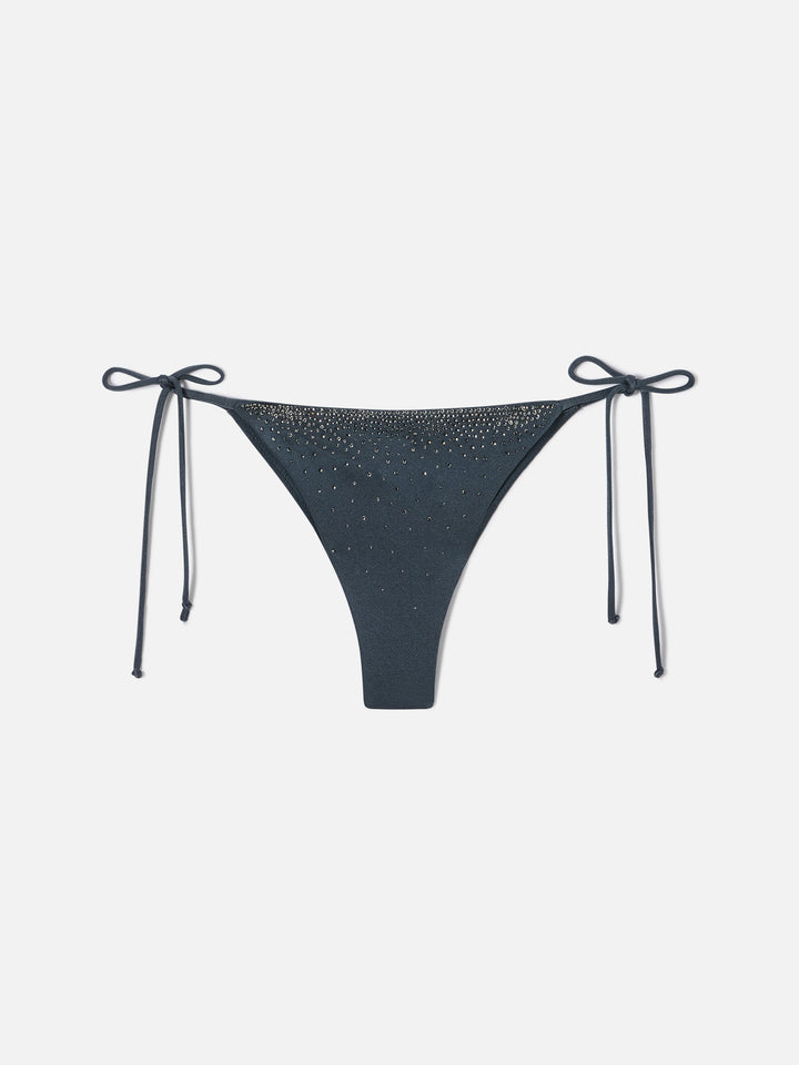 Marielle brazilian bikini bottoms in dark grey glossy-finish fabric with rhinestones