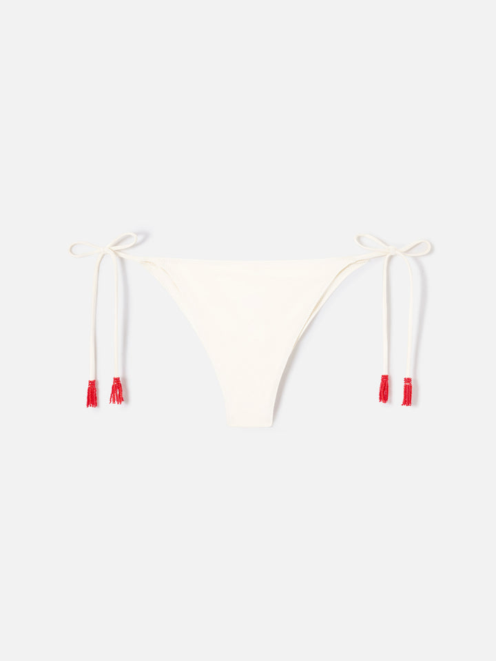 Bikini color crema Paloma Marielle con cuentas y borlas 