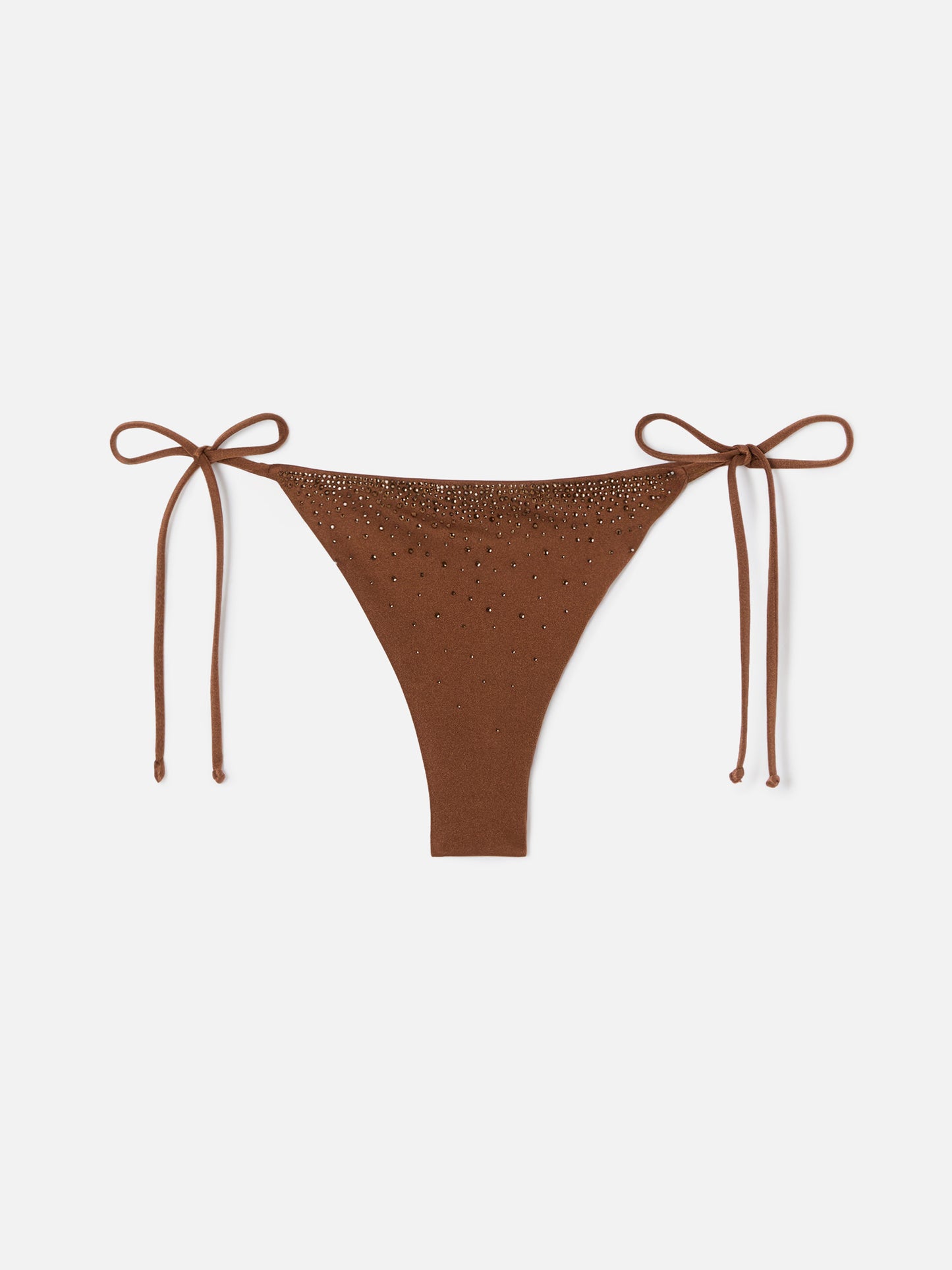 Bas de bikini brésilien Marielle en tissu marron à finition brillante avec strass 