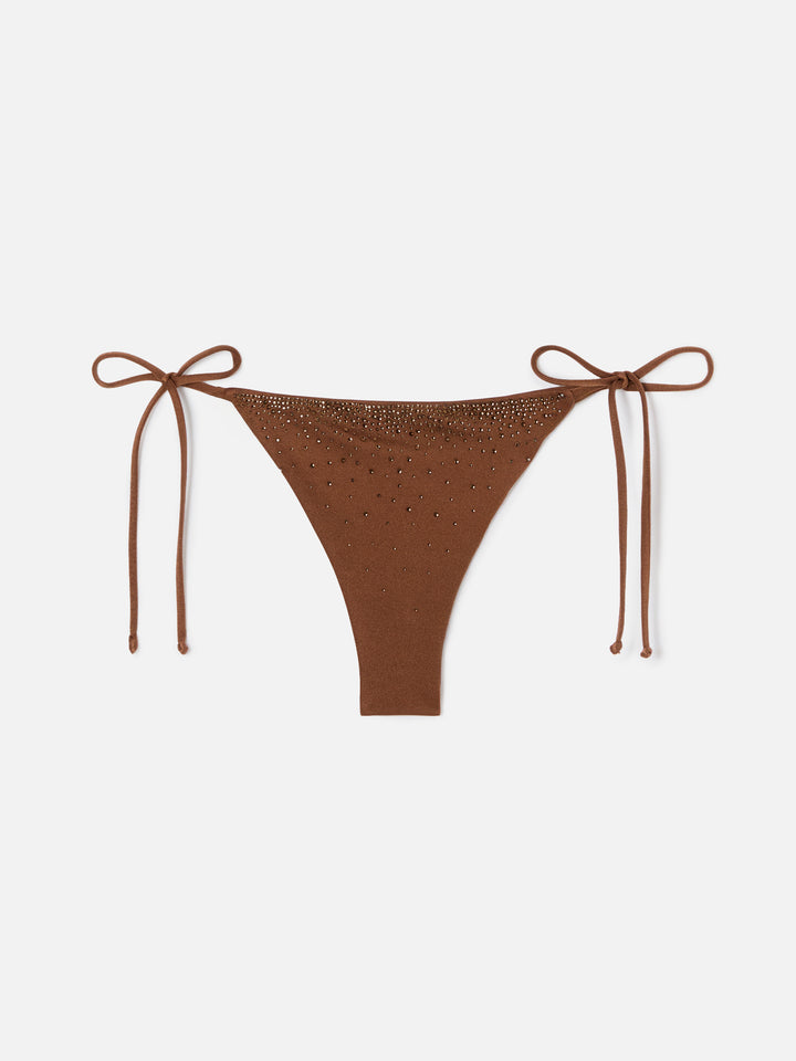 Marielle brazilian bikini bottoms in brown glossy-finish fabric with rhinestones