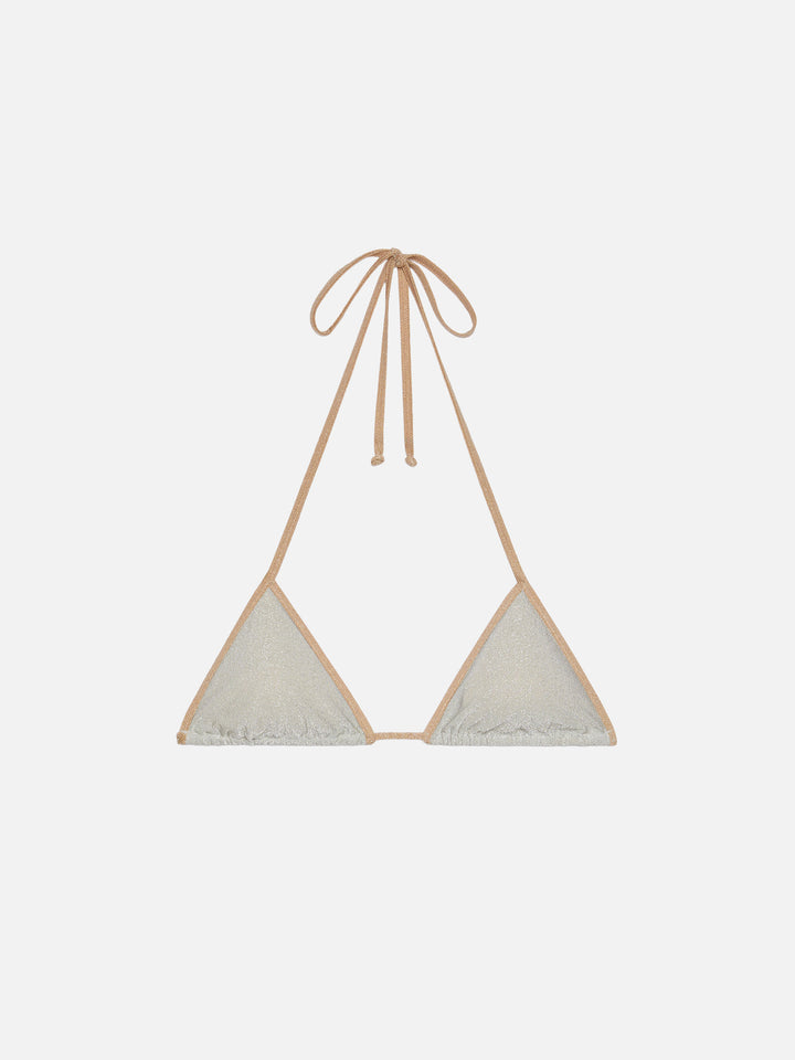 Leah – silbernes Lurex-Triangel-Top mit goldener Paspelierung