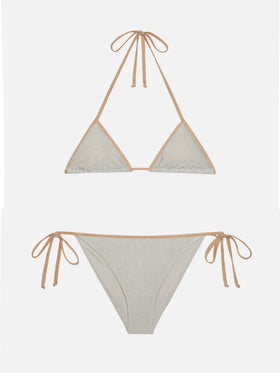 Klassischer Triangel-Bikini von Leah Marielle aus silbernem Lurex mit goldenem Besatz