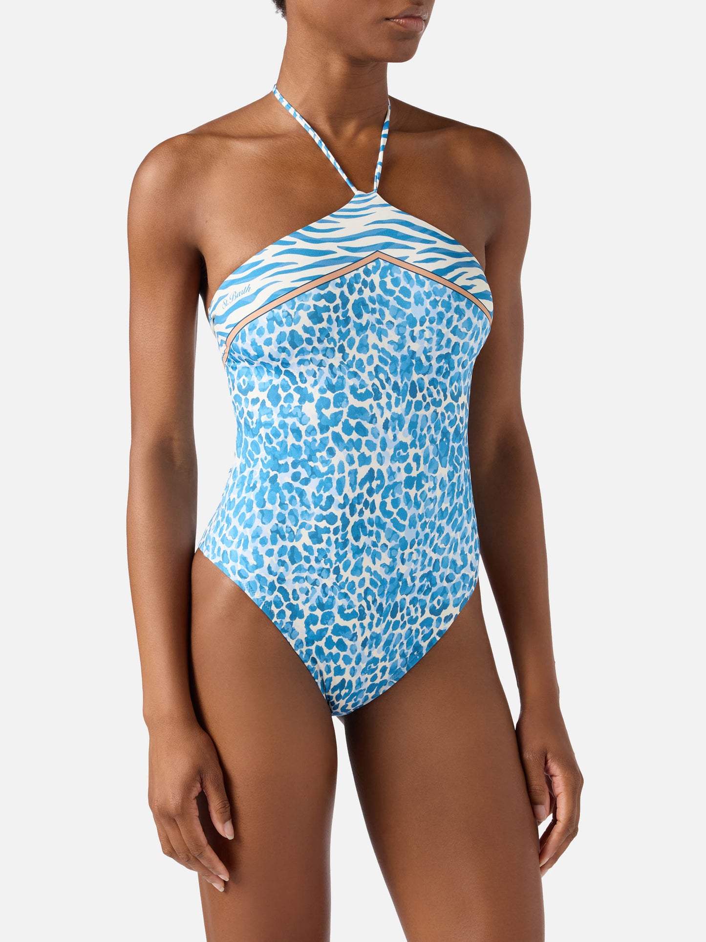Meryem one-piece swimsuit with light blue leopard animal print