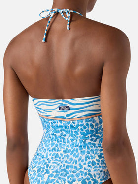Meryem one-piece swimsuit with light blue leopard animal print