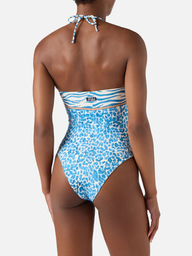 Meryem one-piece swimsuit with light blue leopard animal print