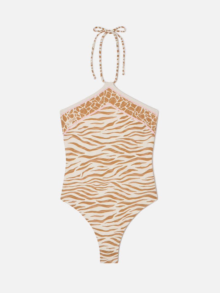 Meryem one-piece swimsuit with brown zebra animal print