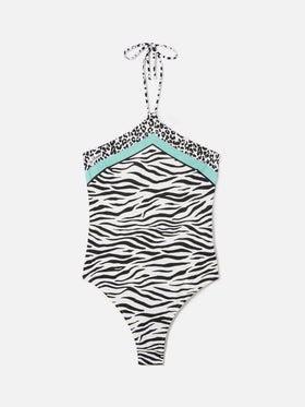 Costume intero Meryem con stampa animalier zebrata nera