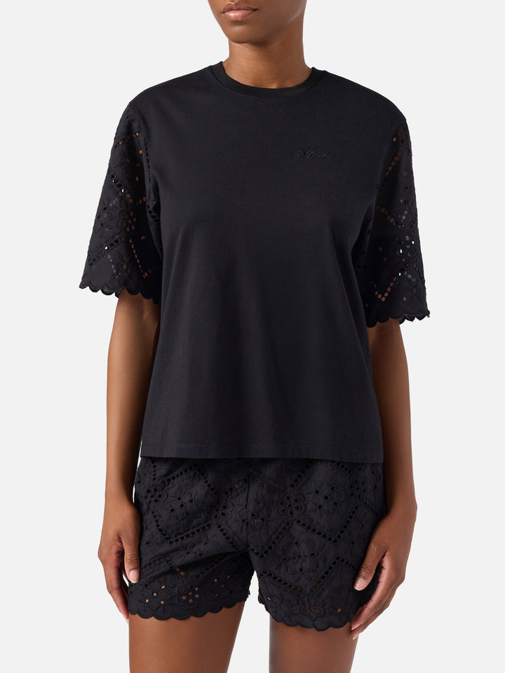 Black Maisa T-shirt with sangallo sleeves and St. Barth embroidery