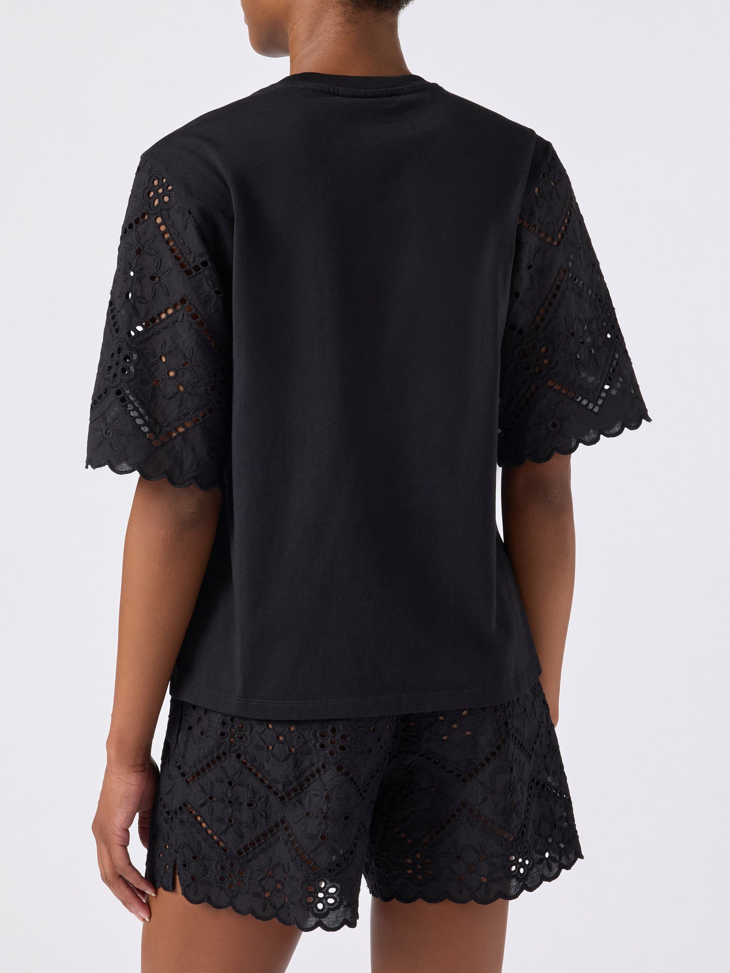 Black Maisa T-shirt with sangallo sleeves and St. Barth embroidery