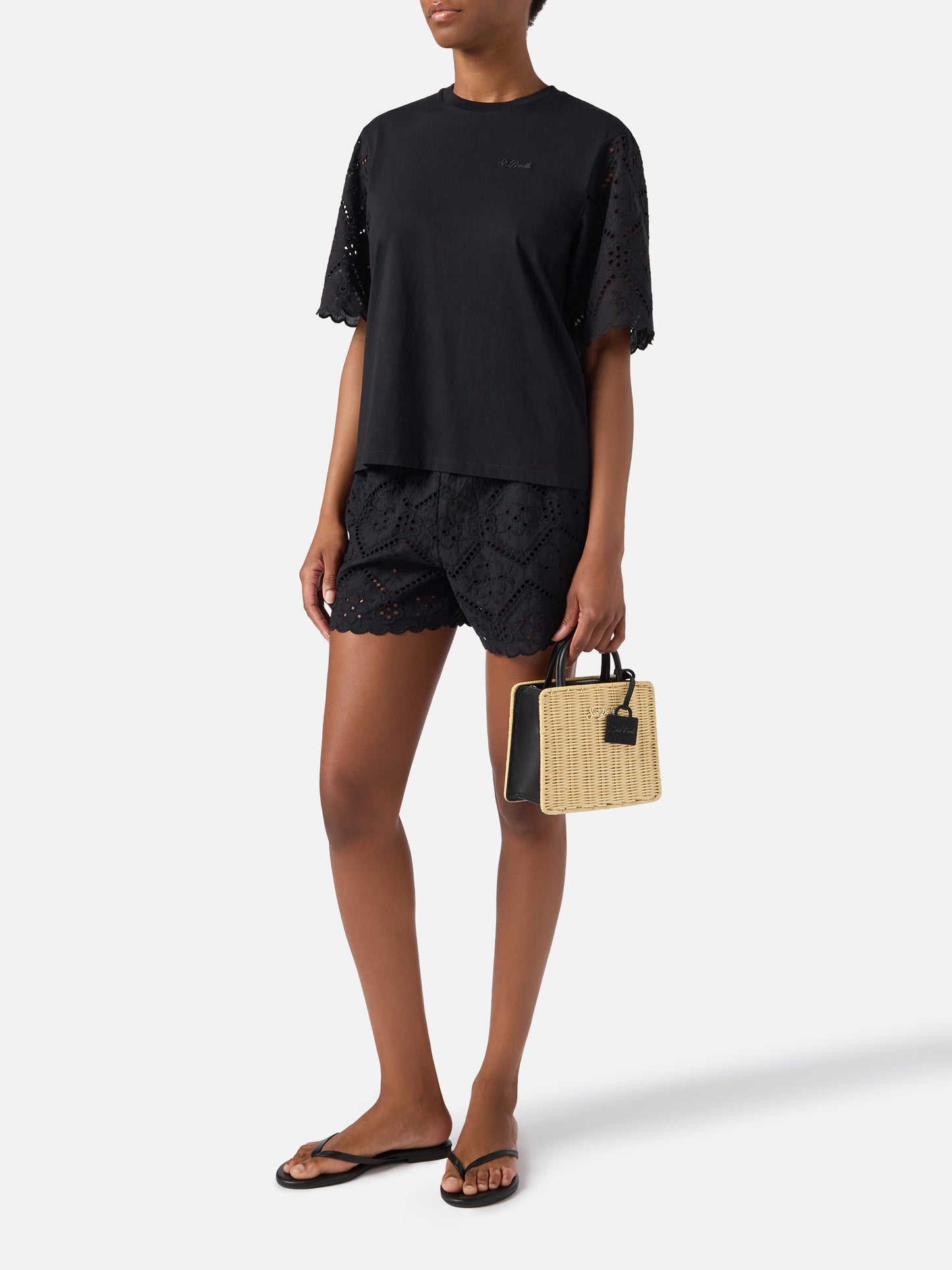 Black Maisa T-shirt with sangallo sleeves and St. Barth embroidery