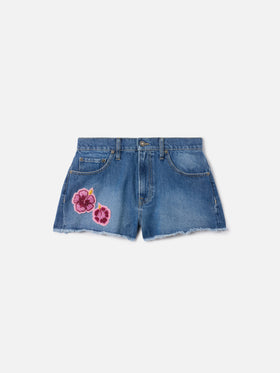 Short en denim Musa avec patchs floraux brodés 