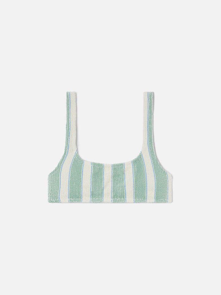 Naima bralette bikini top in green striped crinkle fabric