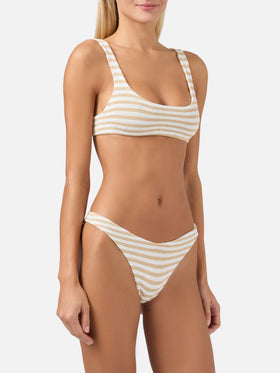 Bikini a bralette Naima Naomi in tessuto crinkle con stampa a righe biege