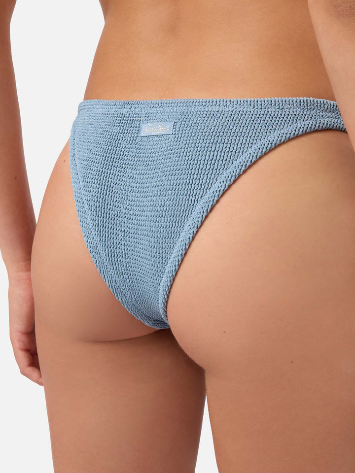 Slip mare Naomi modello brasiliana in tessuto crinkle lurex blu avio
