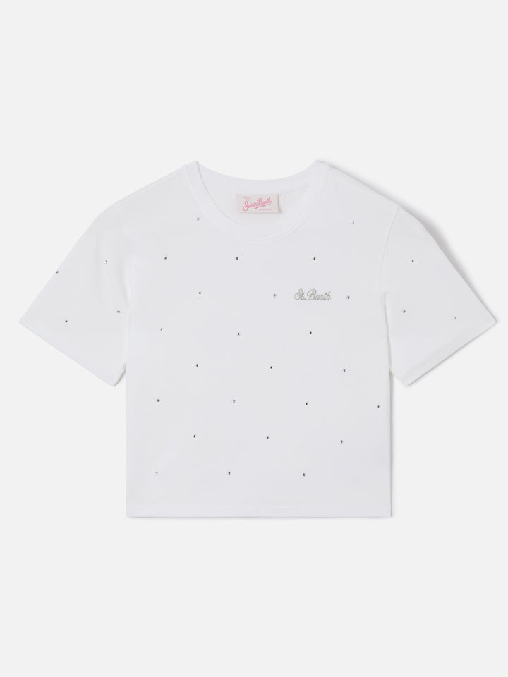 Weißes Nives T-Shirt aus Baumwolle mit Allover-Strasssteinen 