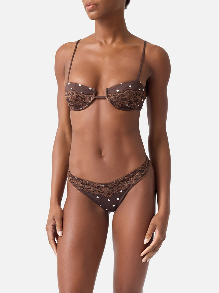 Bikini triangular de encaje con lunares marrones Nalina 