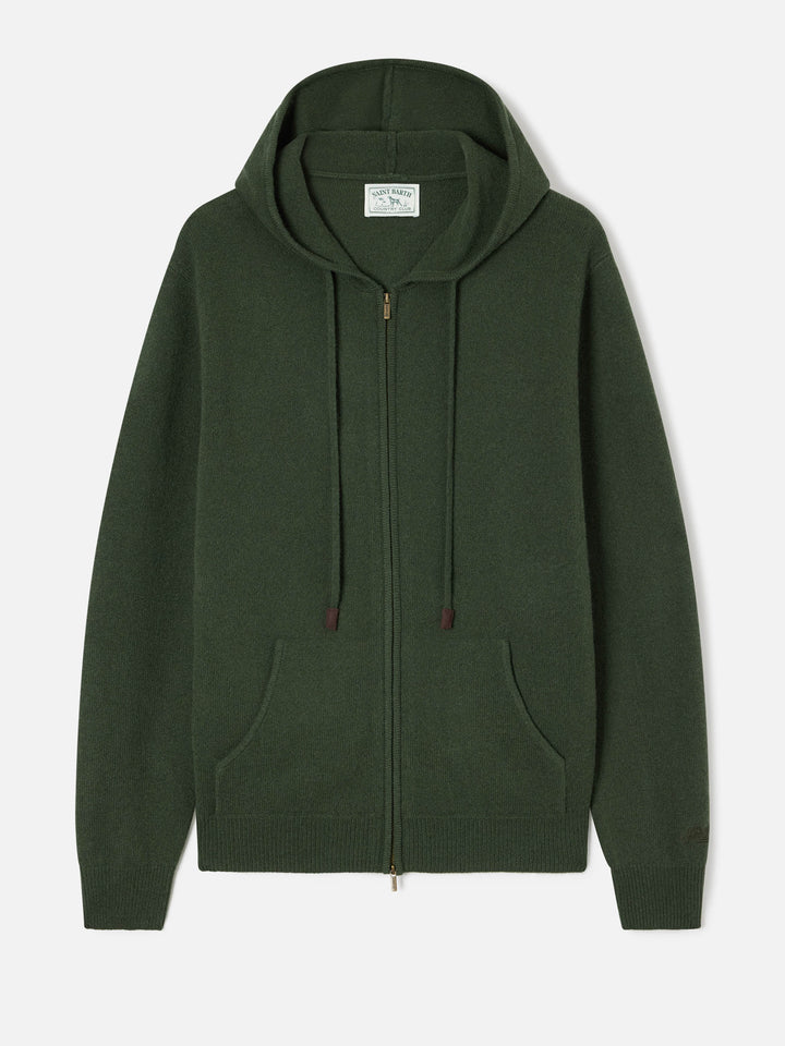 Knit à capuche en laine d'agneau Notting vert militaire avec fermeture zippée intégrale 