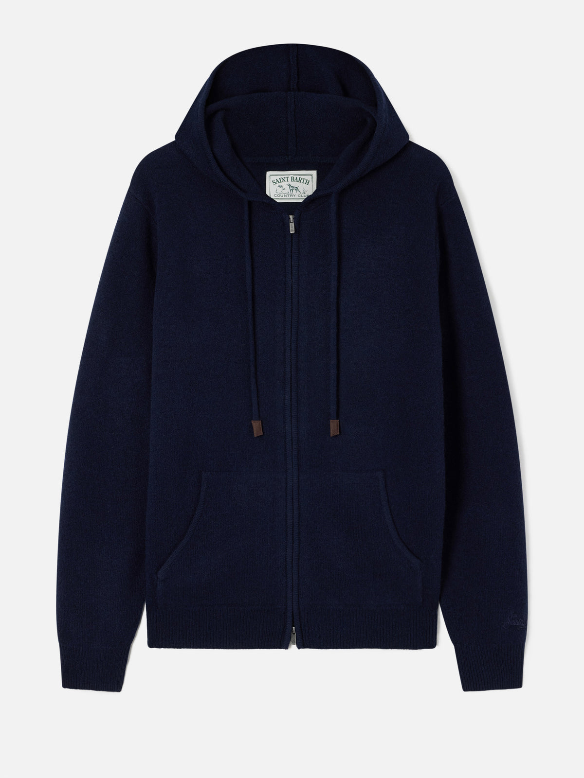 Maille à capuche en laine d’agneau Notting Navy blue avec zip intégral 
