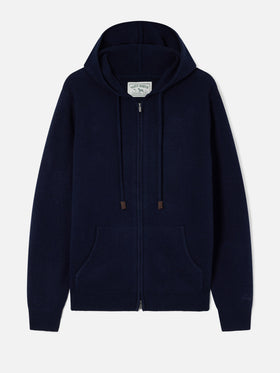 Maille à capuche en laine d’agneau Notting Navy blue avec zip intégral 