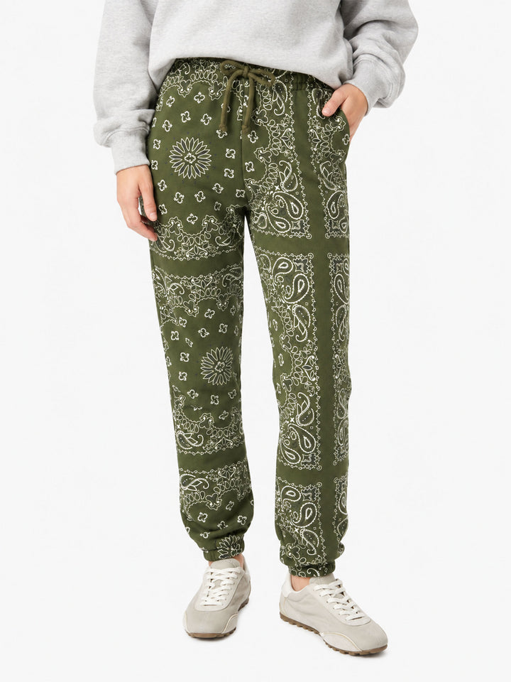 Cotton fleece pants Odalys with green bandana print