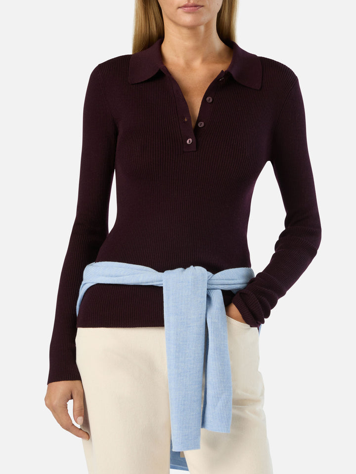 Maglia Odell melanzana in lana merino con collo polo