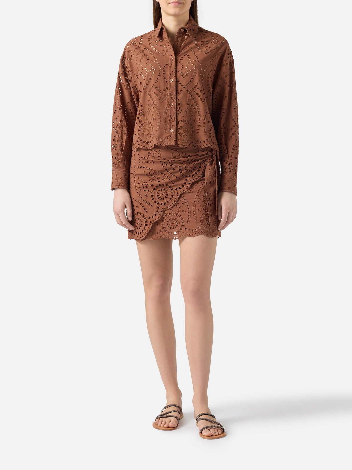 Oriane cropped sangallo cotton shirt in brown