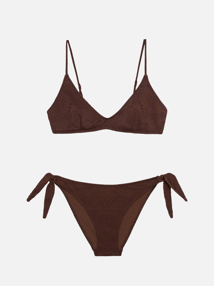 Paloma Yali Triangel-Bralette-Bikini mit tiefem Ausschnitt aus brauner Sangallo-Spitze 