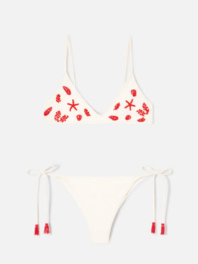 Bikini color crema Paloma Marielle con cuentas y borlas 
