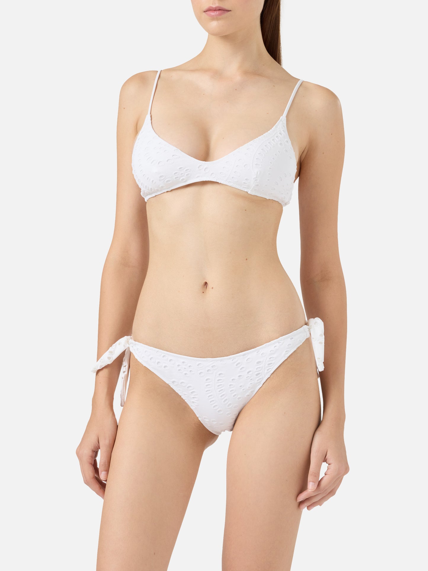 Bikini bralette Paloma Yali à décolleté profond en dentelle sangallo blanche 