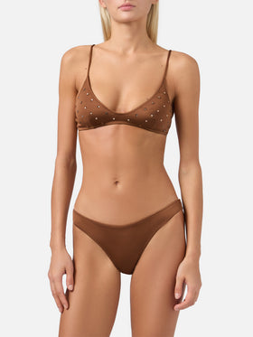 Paloma Naomi Triangel-Bralette-Bikini mit tiefem Ausschnitt in Braun mit Strassverzierungen 