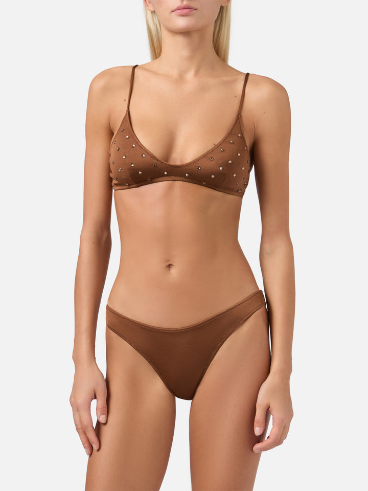 Bikini bralette Paloma Naomi con escote pronunciado en marrón con adornos de strass 