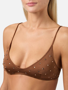Paloma Naomi Triangel-Bralette-Bikini mit tiefem Ausschnitt in Braun mit Strassverzierungen 