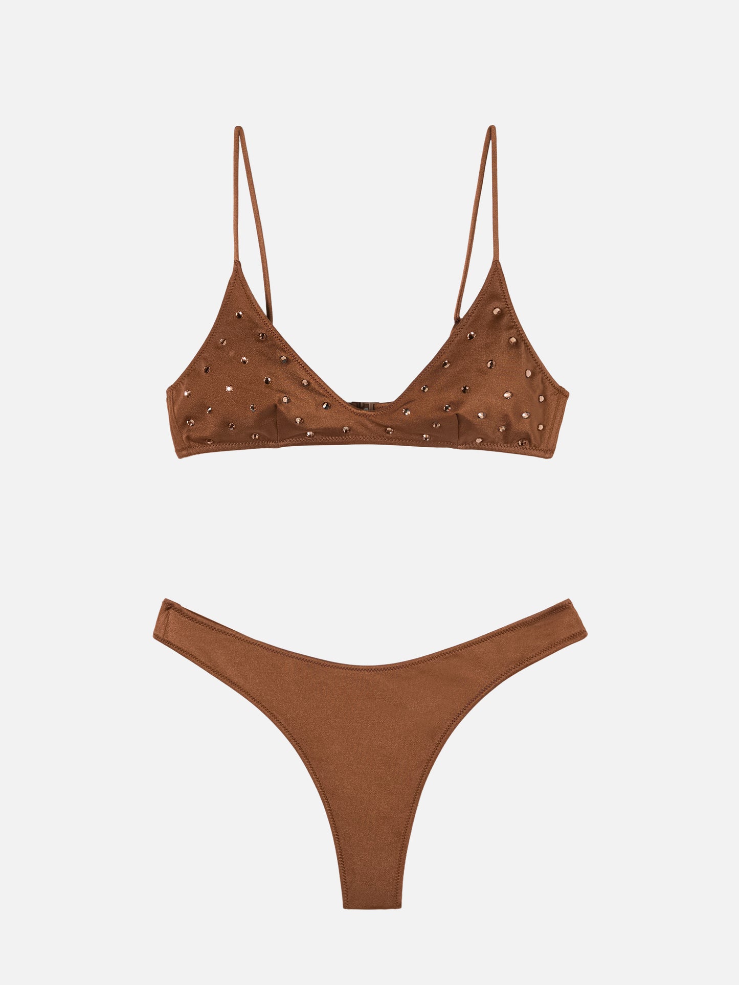 Paloma Naomi Triangel-Bralette-Bikini mit tiefem Ausschnitt in Braun mit Strassverzierungen 