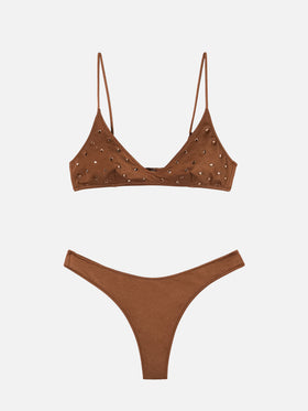 Paloma Naomi Triangel-Bralette-Bikini mit tiefem Ausschnitt in Braun mit Strassverzierungen 