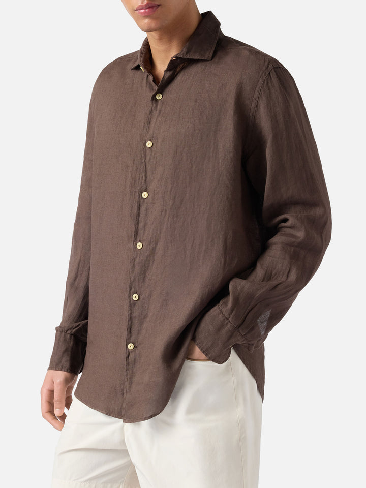 Camicia Pamplona in lino marrone tinta unita
