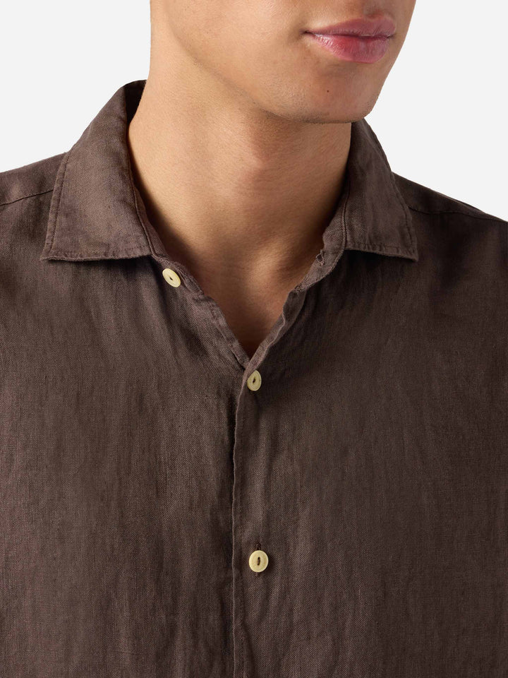 Camicia Pamplona in lino marrone tinta unita