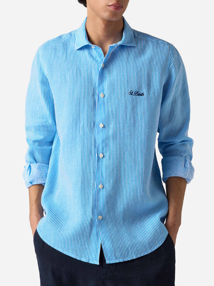 Pamplona striped linen shirt in turquoise