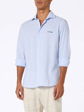 Man seersucker cotton shirt Pamplona with light blue stripes - MC2 Saint Barth