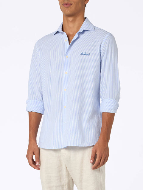 Man seersucker cotton shirt Pamplona with light blue stripes - MC2 Saint Barth