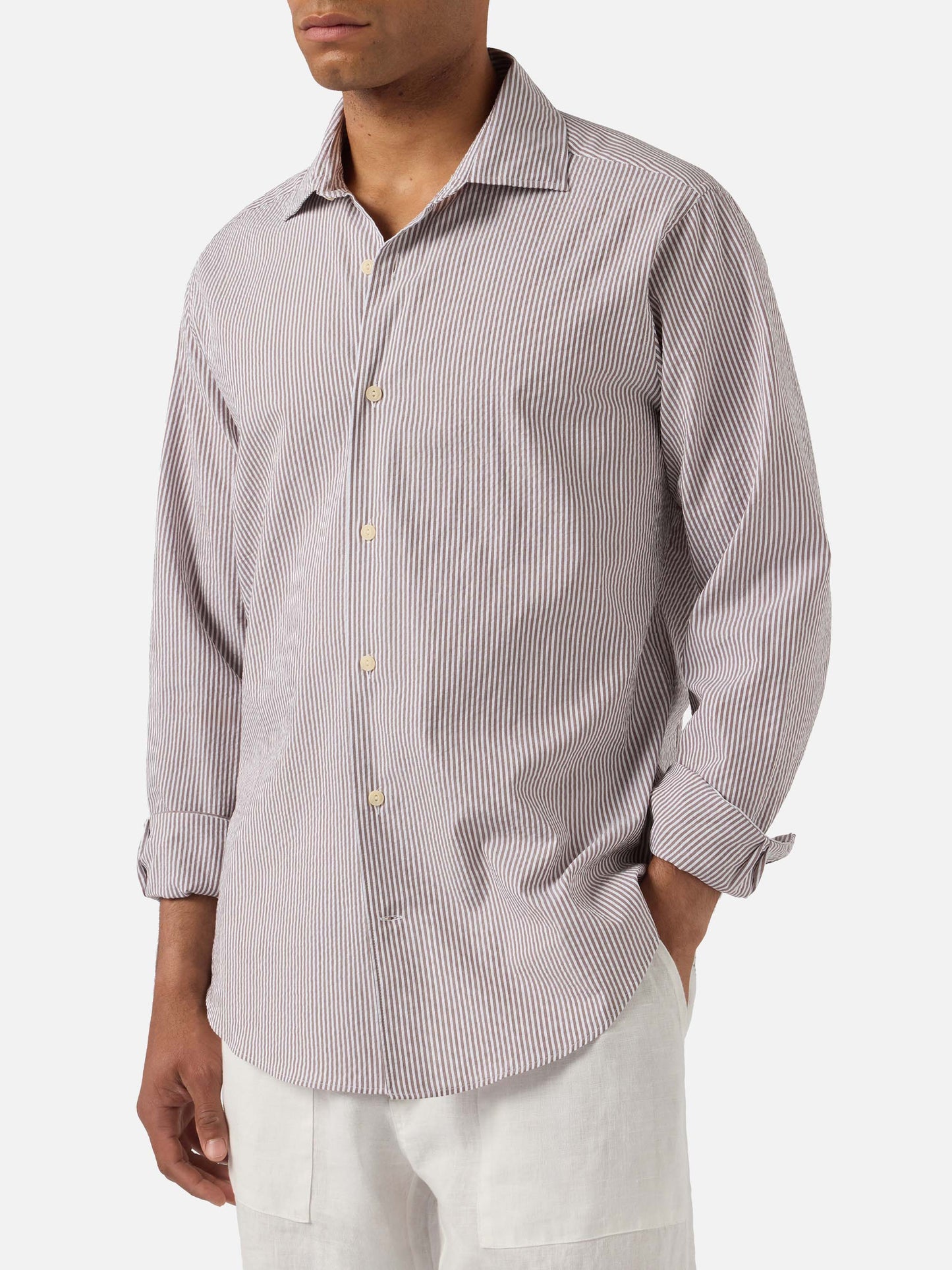Camicia Pamplona in seersucker a righe marroni