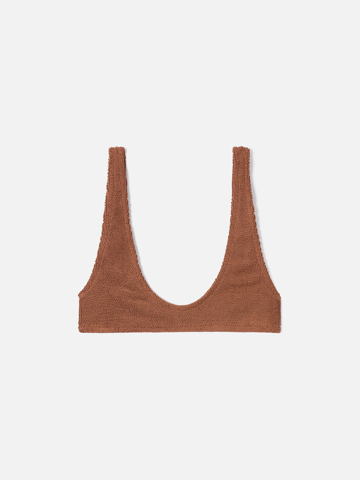 Pamy bralette bikini top in brown crinkle fabric