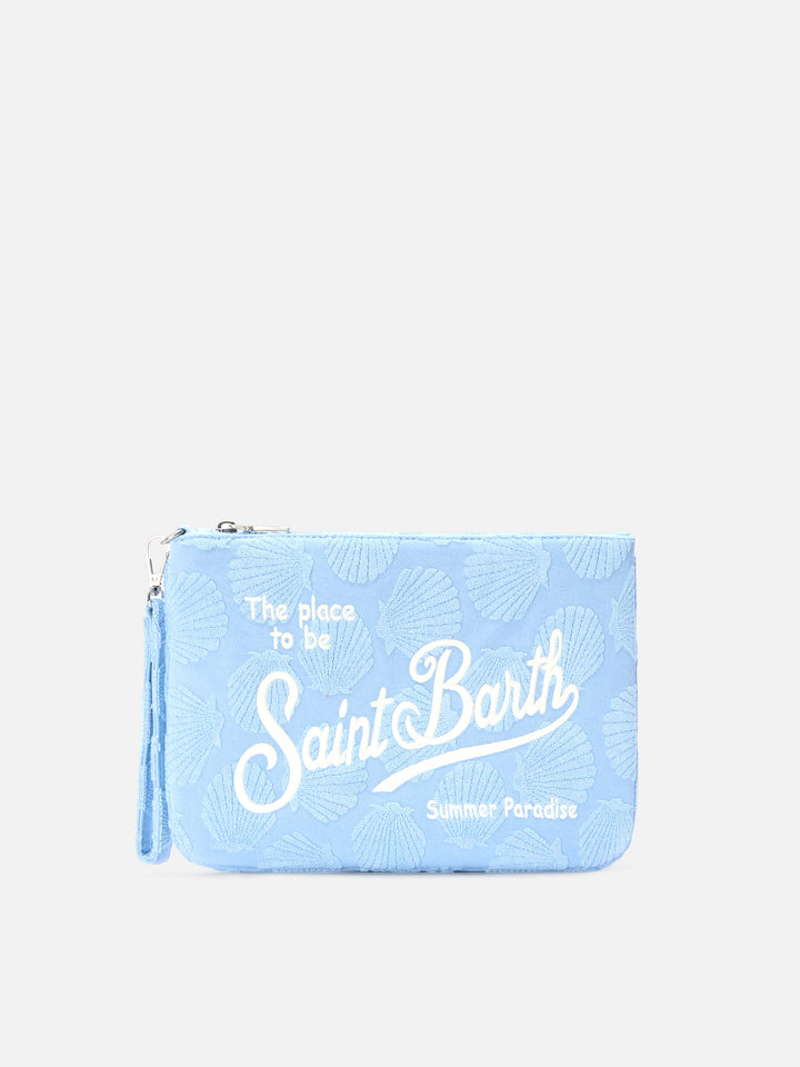 Parisienne Sponge terry-effect pouch with embossed shell pattern and removable strap