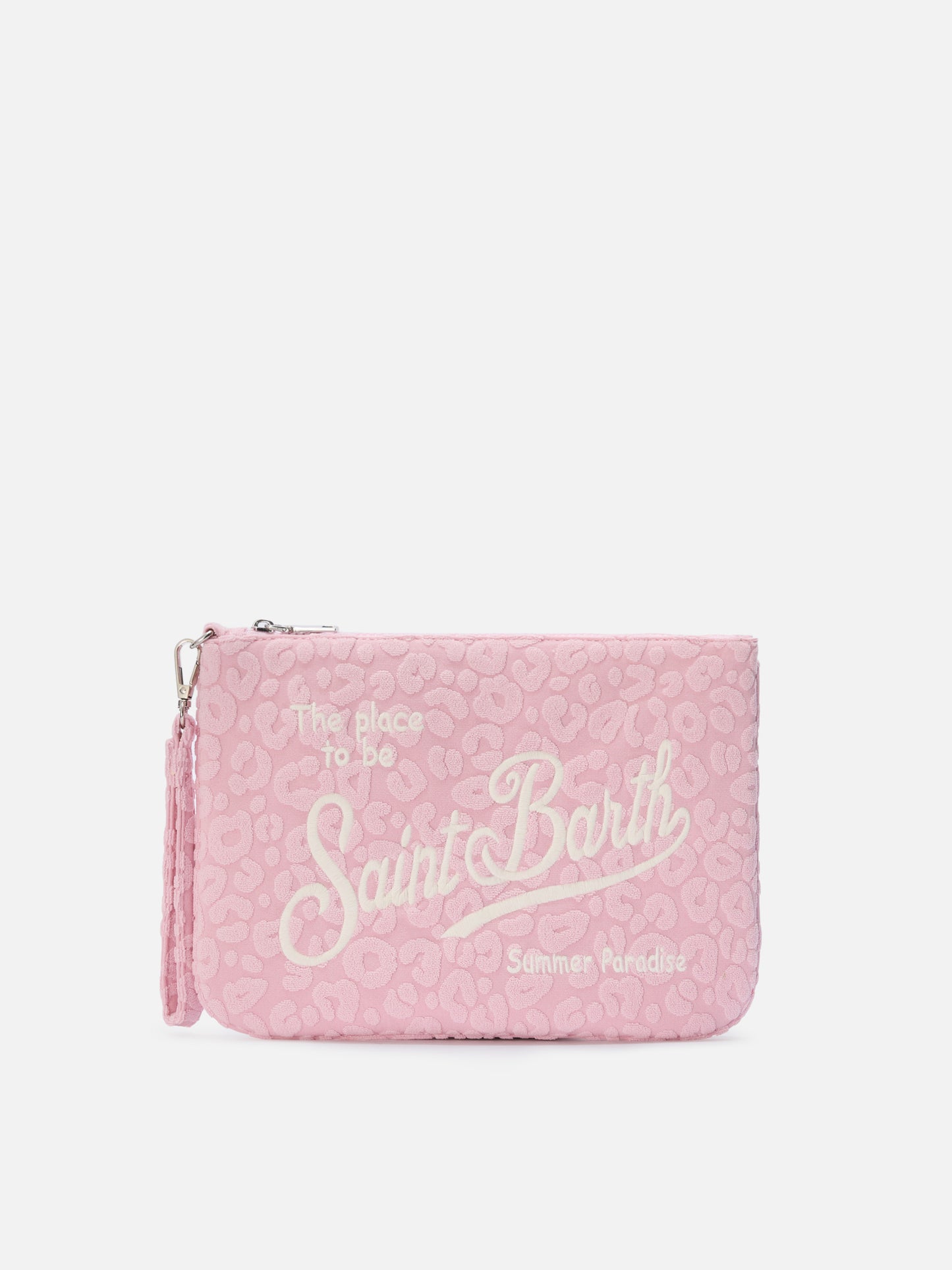 Pochette Parisienne en éponge effet terry avec motif léopard embossé et bandoulière amovible 