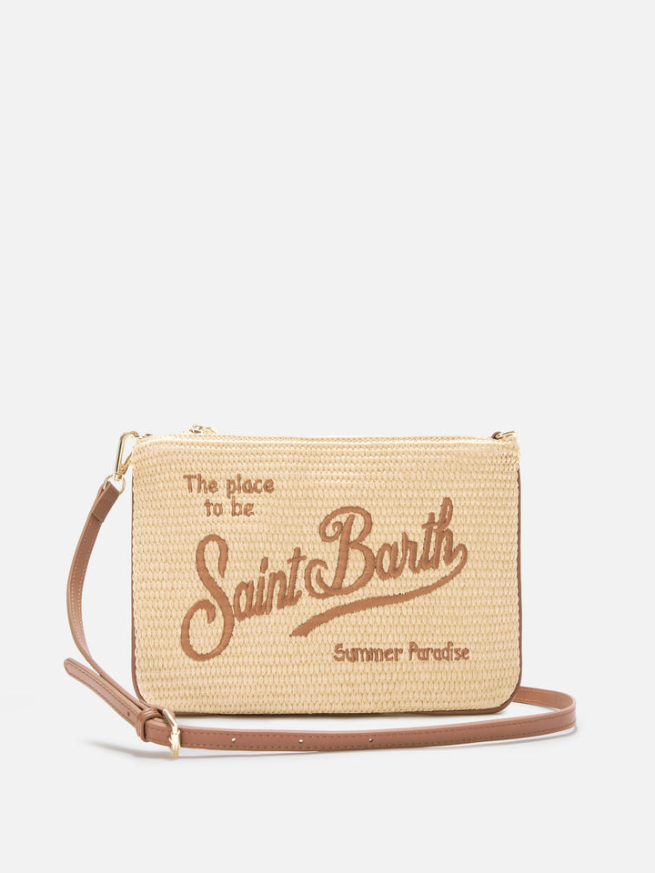 Parisienne straw effect pouch with embroidered brown logo and removable strap