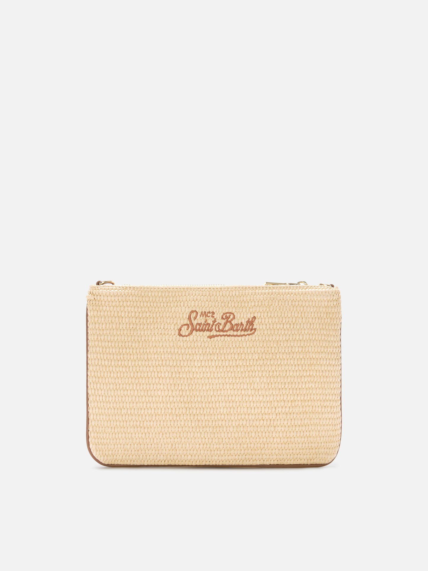 Parisienne straw effect pouch with embroidered brown logo and removable strap